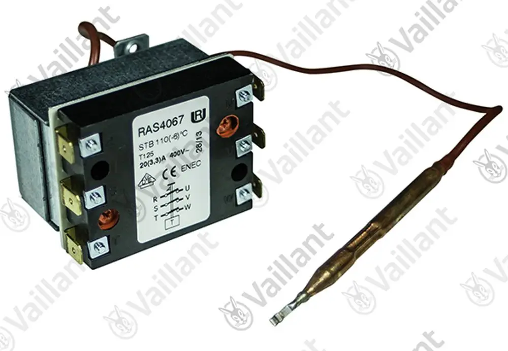 Vaillant Fühler mit einer Anschlussleitung und mehreren Klemmen zur Temperaturregelung in Heizsystemen. Verfügbar mit Kenngröße und Anschlussdetails auf der Rückseite.